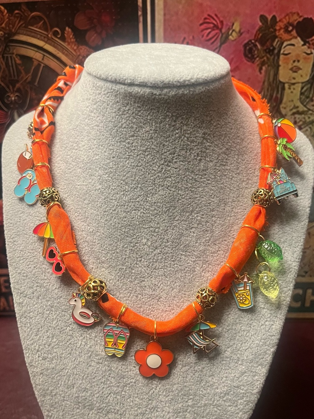 🔆Boho Orange Bandana Charm Necklace with Tropical Beach Vacation Vibes🔆